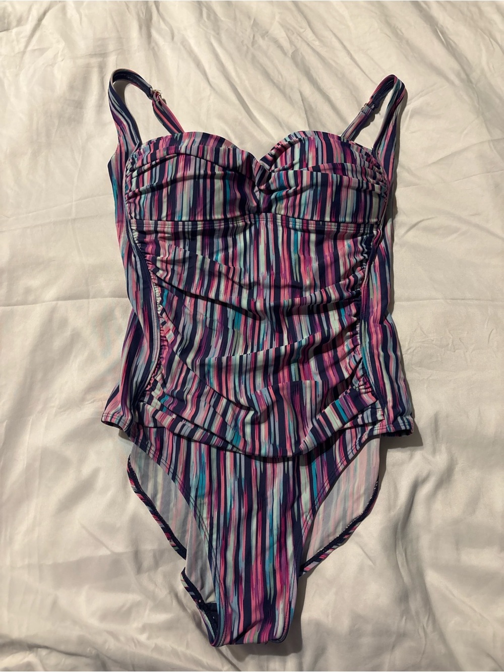 On the Beach Size 10 One Piece Swimsuit Ruched Tummy Control Pink Blue Stripe - Picture 1 of 4